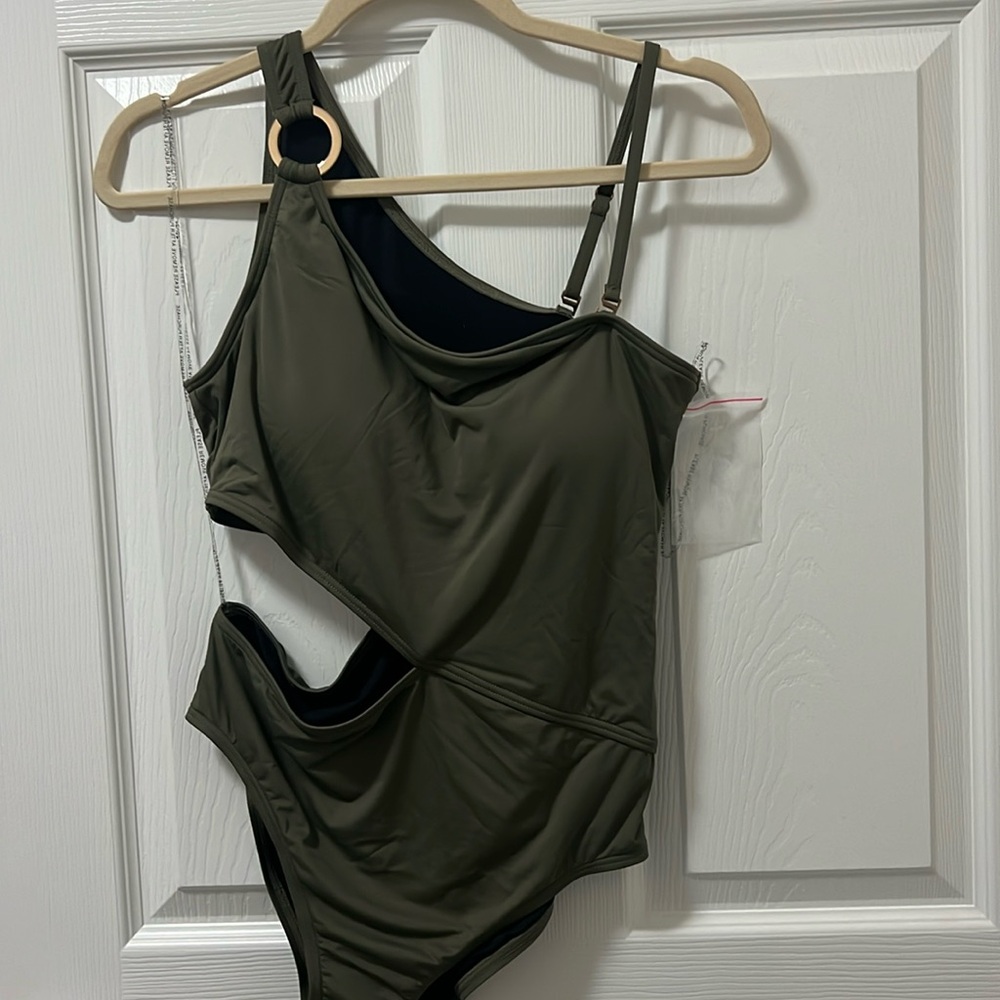 Banana Republic Factory One Shoulder Convertible Cut Out Olive Swimsuit - L